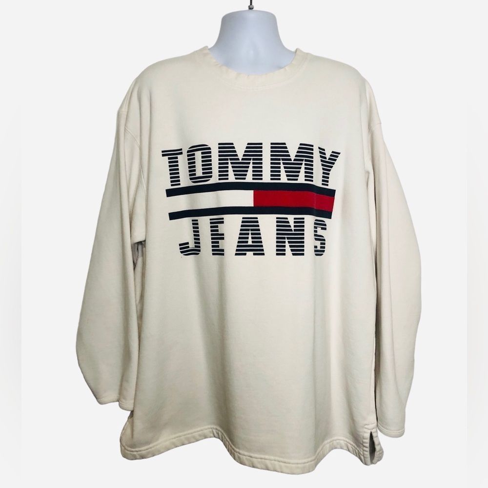 VTG 90s Tommy Hilfiger Sweatshirt Flag Spell Out Signature Jeans Sport Shirt XXL - Picture 1 of 12